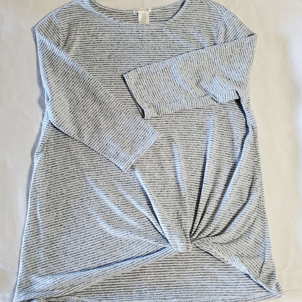 Matty M Grey White Striped Top with Knot at hem Women's Large